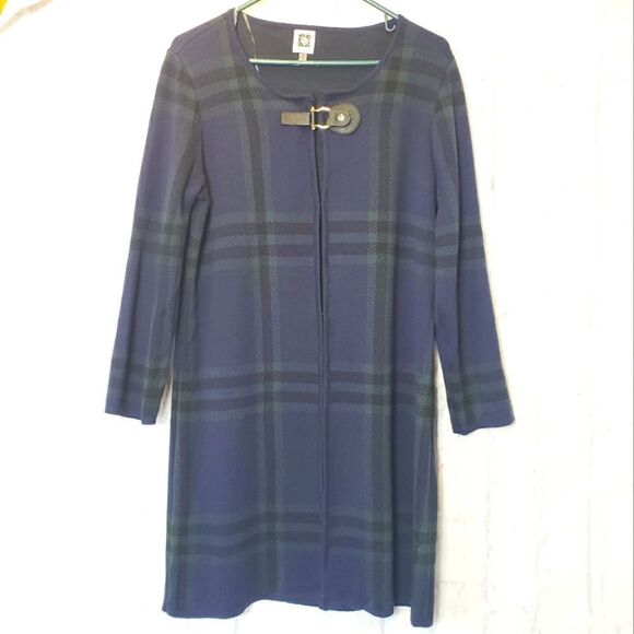 ANNE KLEIN Knit Plaid Cardigan Duster - Picture 1 of 10
